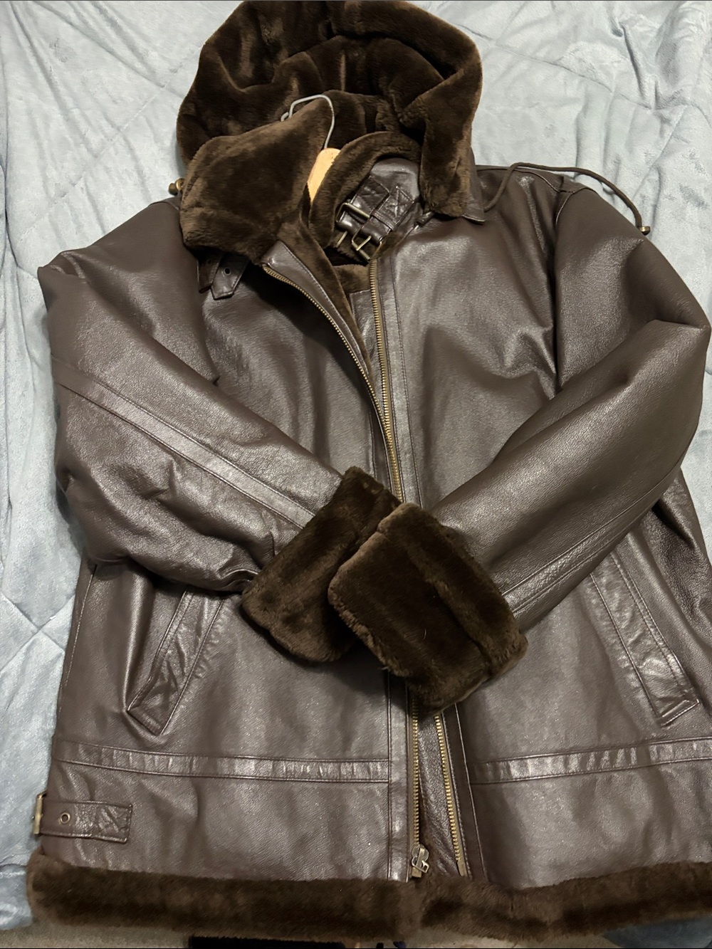 Men's Brown Shearling-Trim Leather Jacket